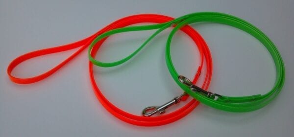 A green and orange leash with handles